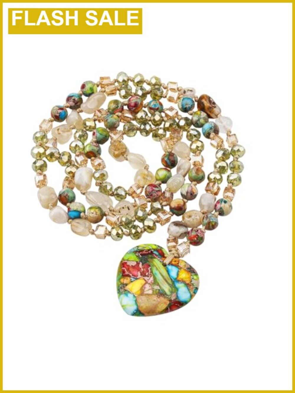 31.5" Natural Stone Beaded Necklace, Heart Jasper Pendant, No Clasp, Hipster